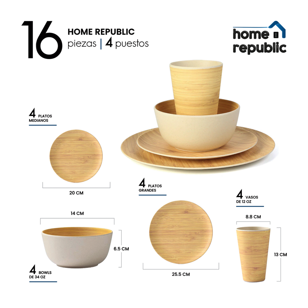 VAJILLA EN FIBRA DE BAMBÚ 4 PUESTOS